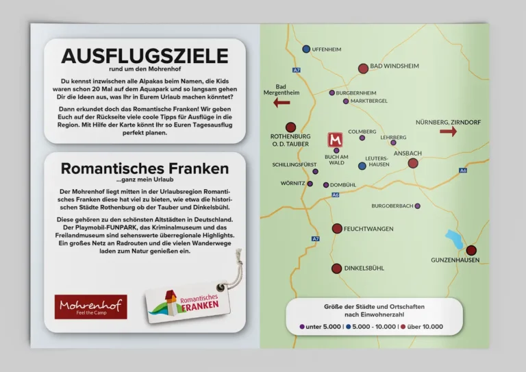 Informationsflyer für Ausflugsziele im Romantischen Franken mit Umgebungskarte der Ortschaften rund um den Campingplatz Mohrenhof.