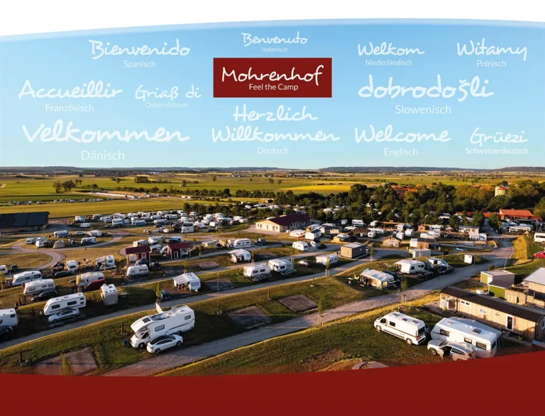 Grafik für Mohrenhof-Banner mit dem Logo, 'Herzlich Willkommen' in 11 Sprachen und Foto des Campingplatzes.