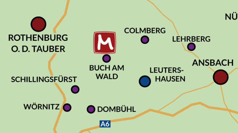 Kartenausschnitt der Region rund um den Mohrenhof in Buch am Wald mit umliegenden Orten wie Rothenburg, Colmberg und Ansbach.