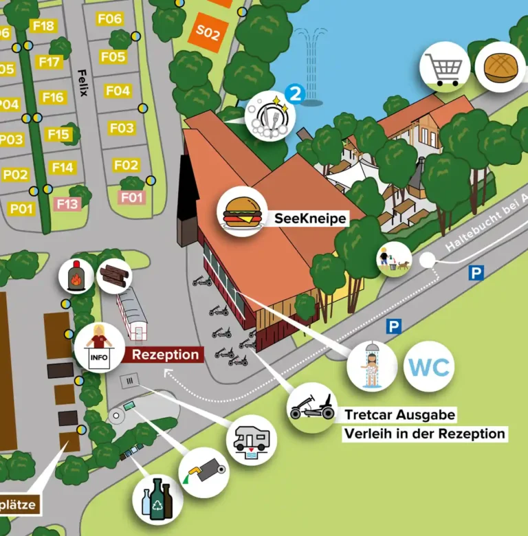 Detailansicht des Lageplans vom Mohrenhof, die den zentralen Eingangs- und Servicebereich mit Rezeption und SeeKneipe zeigt.