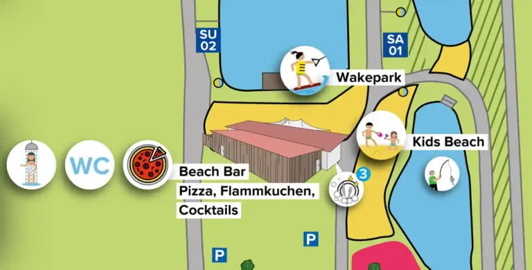 Ausschnitt des Mohrenhof-Lageplans am Seeufer mit Einzeichnungen für den Wakepark, die Beach Bar und den Kids Beach.