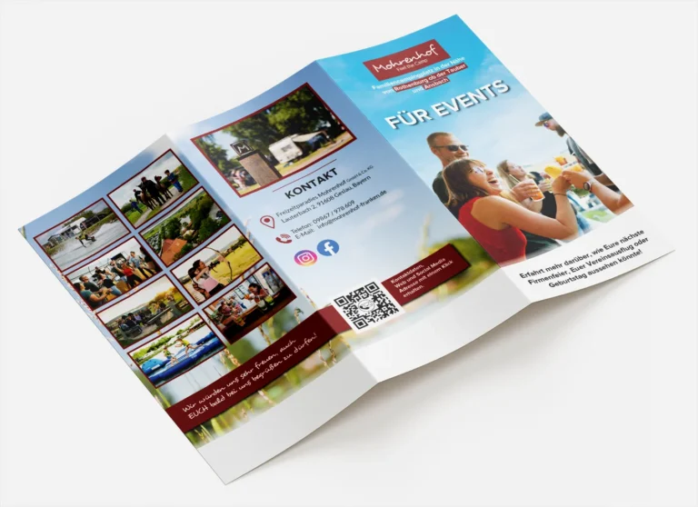 Dreidimensionale Außenansicht des Flyers für Events, Firmenfeiern und Vereinsausflüge im Freizeitparadies Mohrenhof.