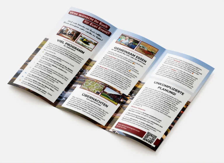 Innenansicht des Event-Flyers mit Informationen zu Programm, Gastronomie an der Beach Bar und Übernachtungsmöglichkeiten am Mohrenhof.