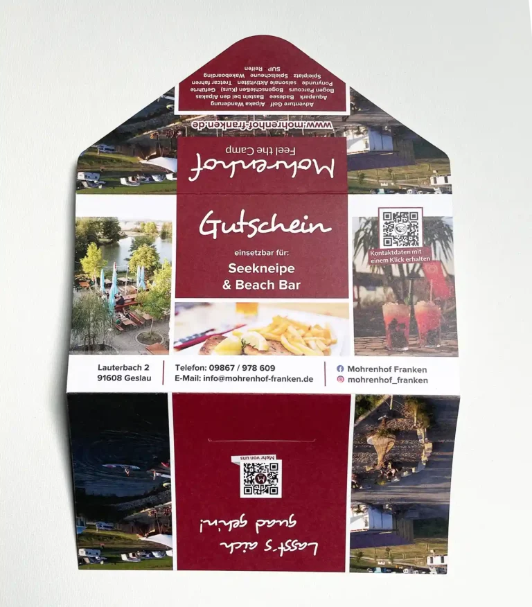 Aufgeklappter Gastronomie-Gutschein für Seekneipe und Beach Bar am Mohrenhof Franken