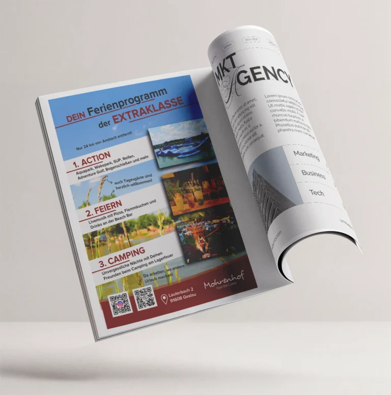 Magazin-Mockup einer Werbeanzeige für das Ferienprogramm am Mohrenhof Franken