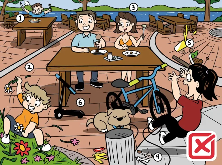 Comic-Illustration vom Gastro-Regelschild als Negativbeispiel für Regelverstöße im Restaurantbereich mit rotem X-Symbol.