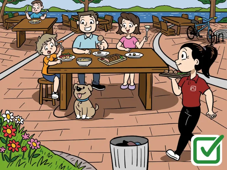 Comic-Illustration vom Gastro-Regelschild als Positivbeispiel für vorbildliches Verhalten im Restaurantbereich mit grünem Häkchen.