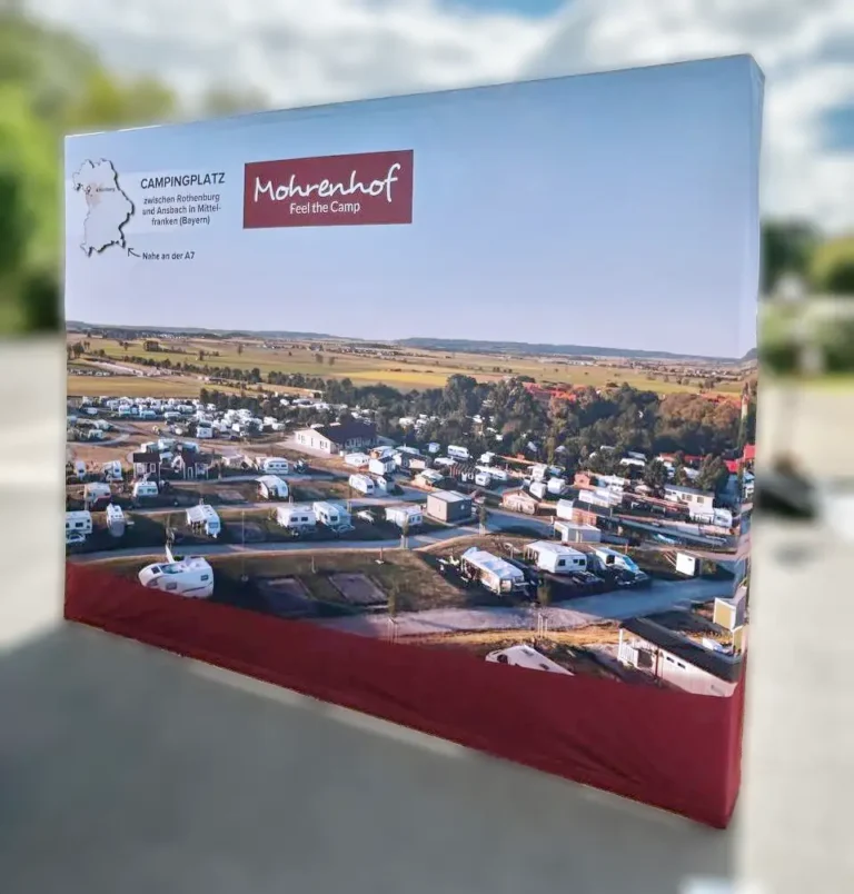Gedrucktes Textil Faltdisply für den Campingplatz Mohrenhof mit Luftbild-Motiv und Lage-Infos