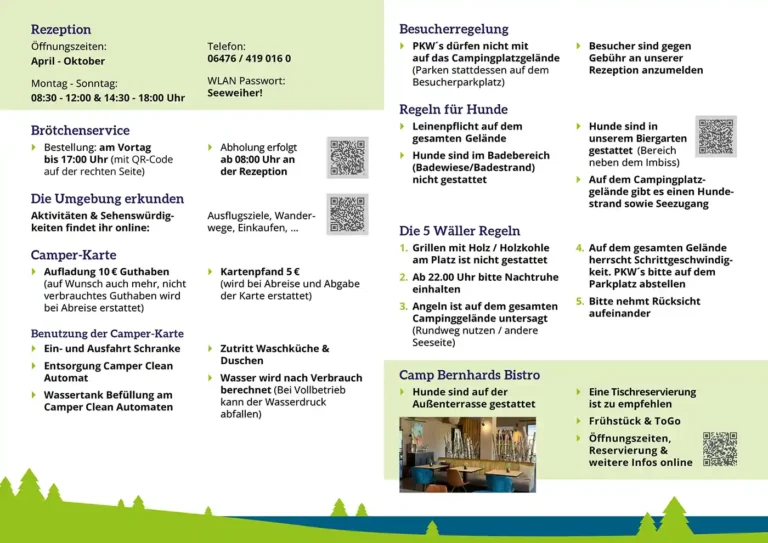 Gästemappe des Wäller Camp Gästemappe mit Infos zu Rezeption, Brötchenservice, Regeln und Bistro