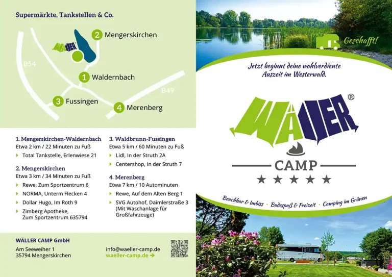 Gästemappe des Wäller Camp mit Logo, Kontaktdaten und Anfahrtskarte für Supermärkte