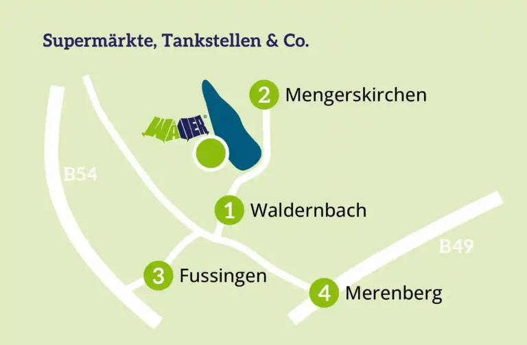 Übersichtskarte der Umgebung des Wäller Camp mit Umlandsorten für Supermärkte und Tankstellen