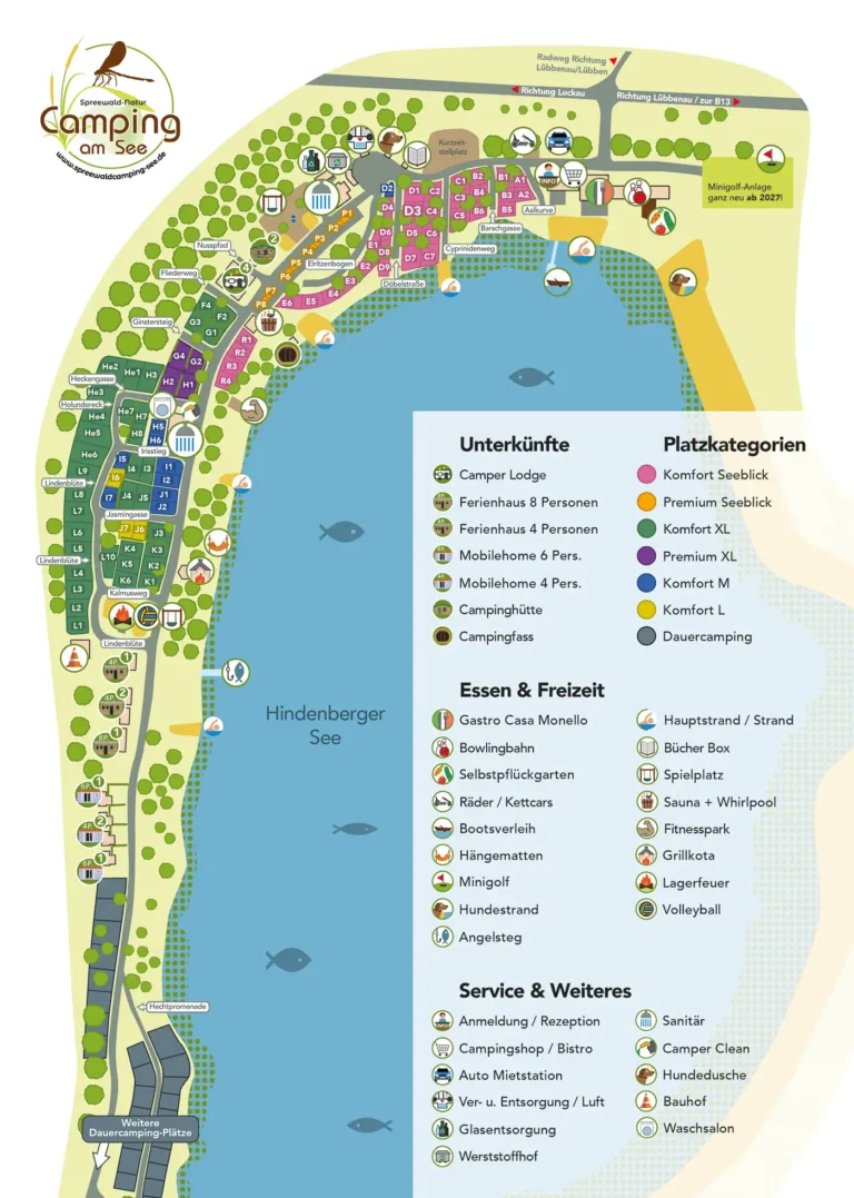 Vollständiger grafischer Lageplan des Spreewald-Natur-Camping am See mit Legende und Hindenberger See