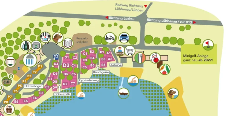 Detailansicht des Lageplans mit Nordbereich, Stellplätzen A bis E und Minigolf-Ankündigung
