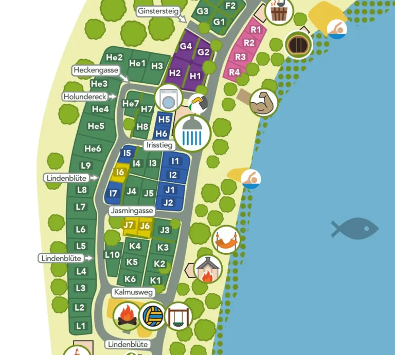Ausschnitt des Campingplatz-Lageplans mit Stellplatz-Sektoren G bis L, Waschsalon und Grillstelle