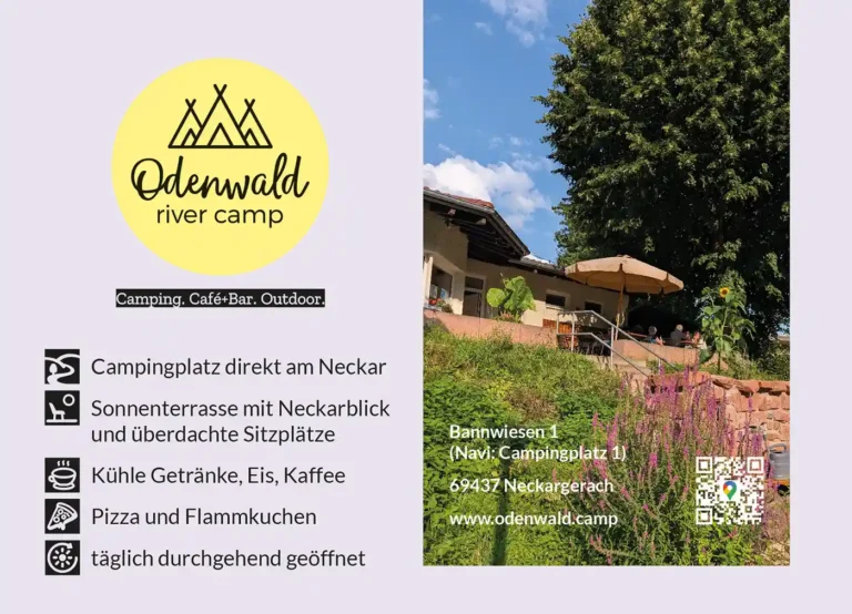 A6 Werbeanzeige für das Odenwald river camp mit Logo, Angeboten und Kontaktdaten