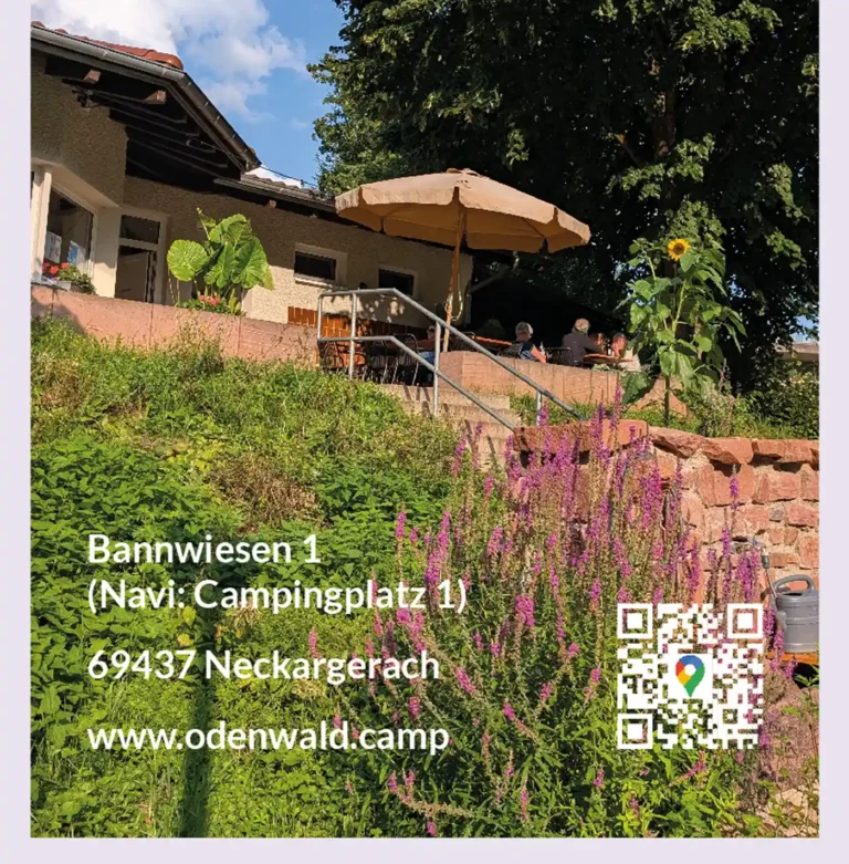 Ausschnitt der Werbeanzeige mit Foto der Sonnenterasse, Adresse in Neckargerach und QR-Code