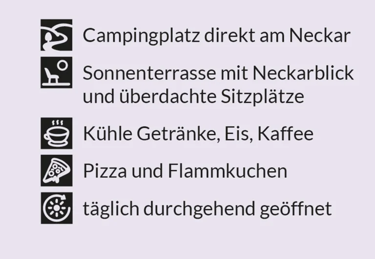 Ausschnitt der Werbeanzeige mit Icons für Campingplatz, Sonnenterasse, Getränke und Speisen
