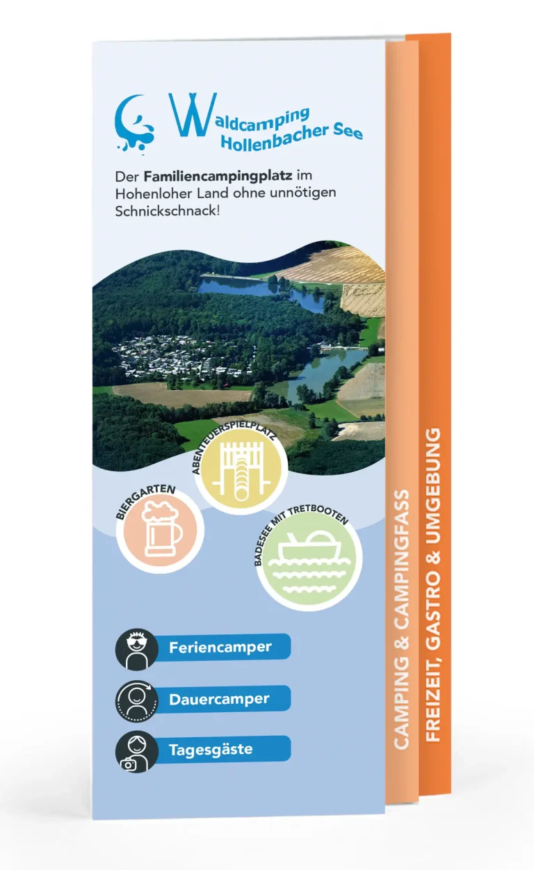 Dreidimensionales Mockup des gefalteten Treppenfalz-Flyers von Waldcamping Hollenbacher See