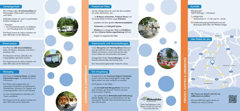Außenseite des Treppenfalz-Flyers mit Infos zu Camping, Glamping, Gastronomie und Umgebung