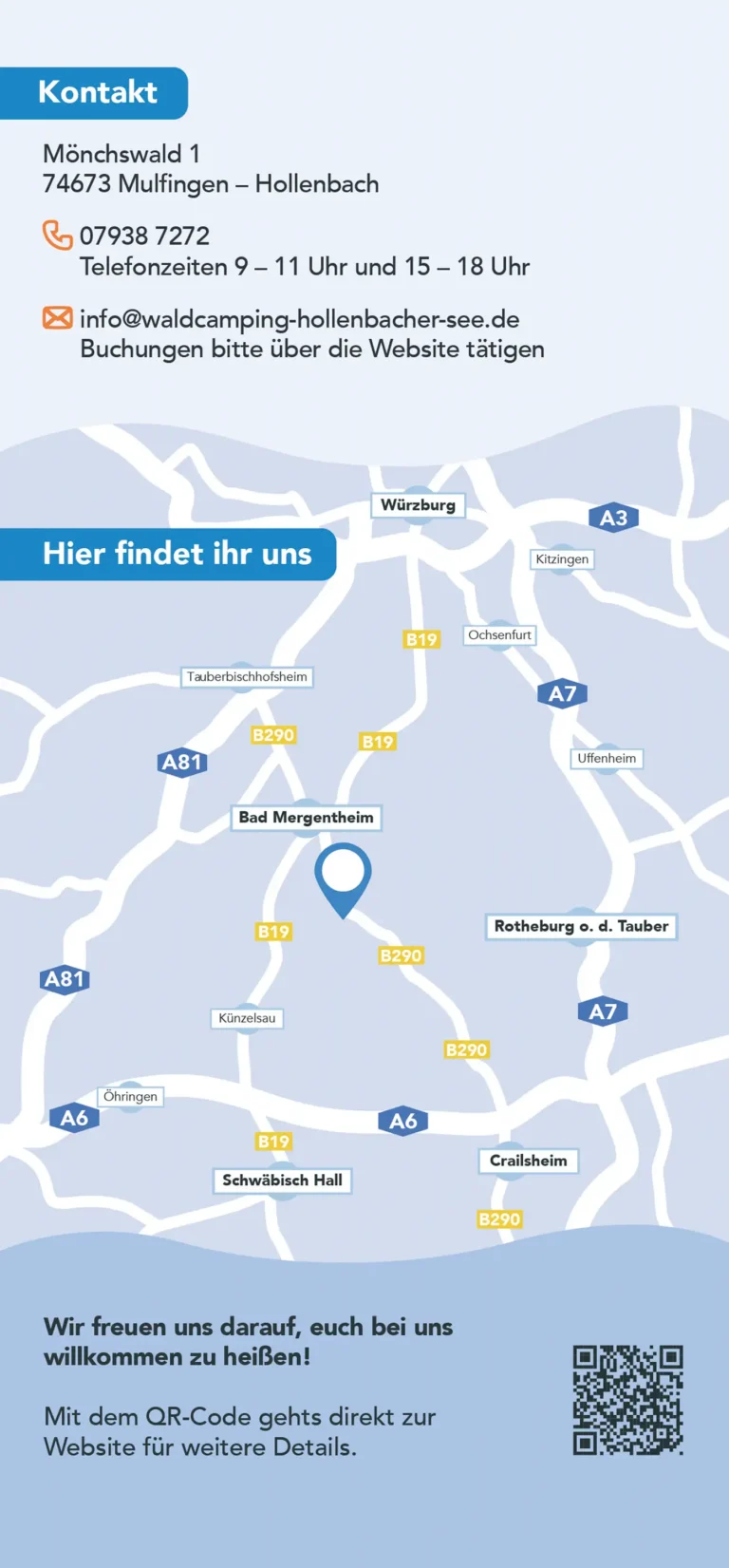 Rückseite des Flyers von Waldcamping Hollenbacher See mit Kontaktdaten, Anfahrtskarte und QR-Code