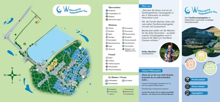 Aufgeklappter Treppenfalz-Flyer von Waldcamping Hollenbacher See mit Lageplan und Infos
