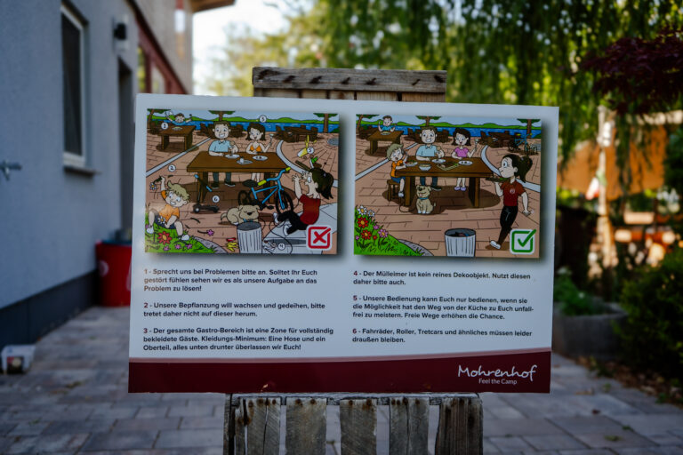 Schild mit Comic-Illustrationen und Verhaltensregeln für den Gastronomie-Bereich am Mohrenhof