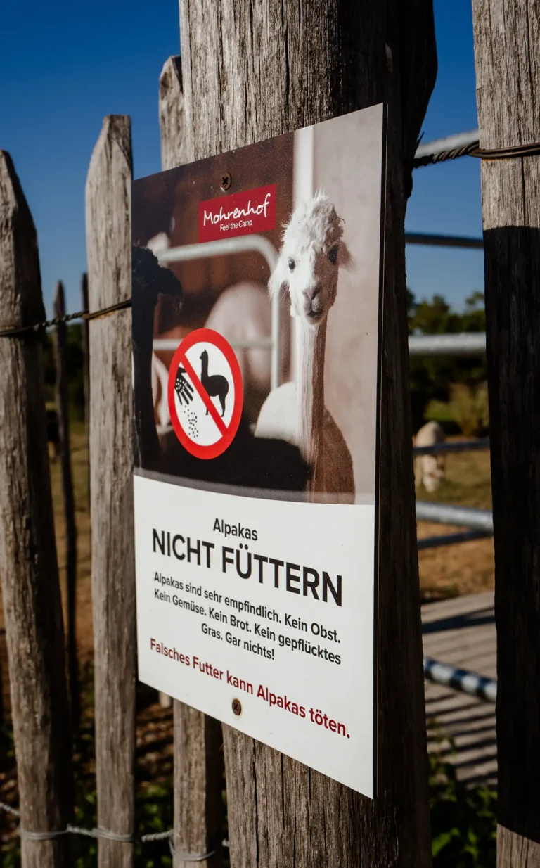 child am Holzzaun mit der Aufschrift: Alpakas NICHT FÜTTERN. Darunter Erklärungen und Warnhinweis.
