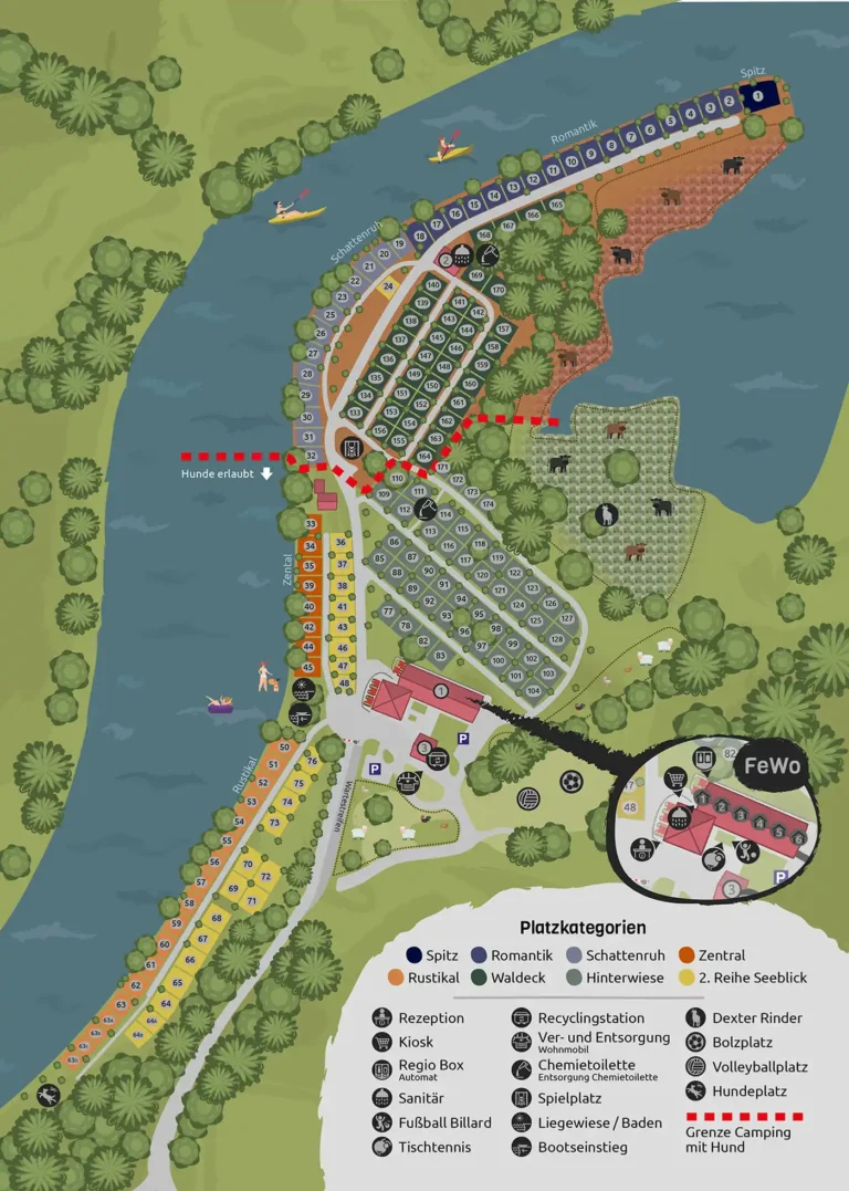 Vollständiger Lageplan des Campingplatzes Höllensteinsee mit Stellplatzkategorien, Flussverlauf und Legende