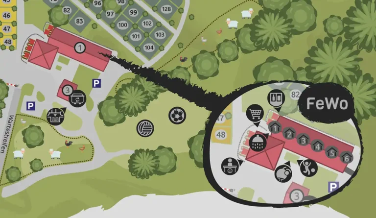 Ausschnitt des Lageplans Höllensteinsee mit Hauptgebäude, Rezeption, Kiosk und Ferienwohnungen