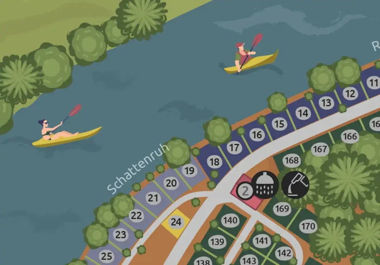 Detailansicht des Lageplans Höllensteinsee mit Uferplätzen der Kategorien Schattenruh und Romantik am Wasser