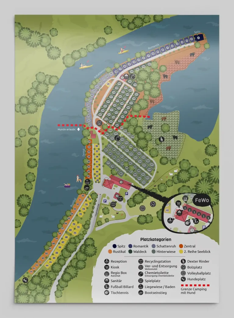 Gedruckter Lageplan des Campingplatzes Höllensteinsee in der Gesamtübersicht