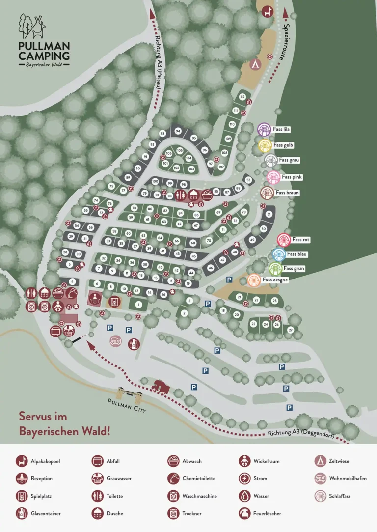 Vollständiger grafischer Lageplan von Pullman Camping im Bayerischen Wald mit allen Stellplätzen und Legende