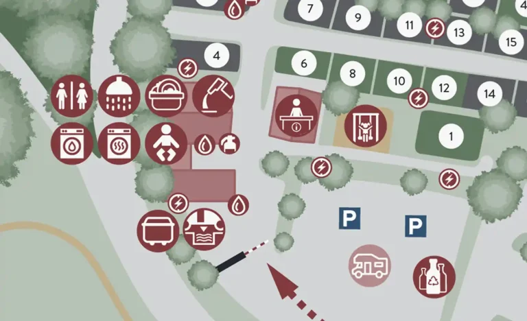 Detailansicht des Lageplans mit Piktogrammen für Rezeption, Rezeption, Sanitäranlagen, Spielplatz und Schrankeneinfahrt