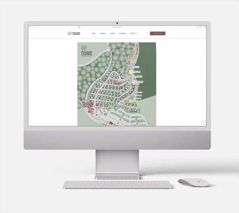 Computer-Bildschirm mit der digitalen Ansicht des Lageplans von Pullman Camping auf der Website
