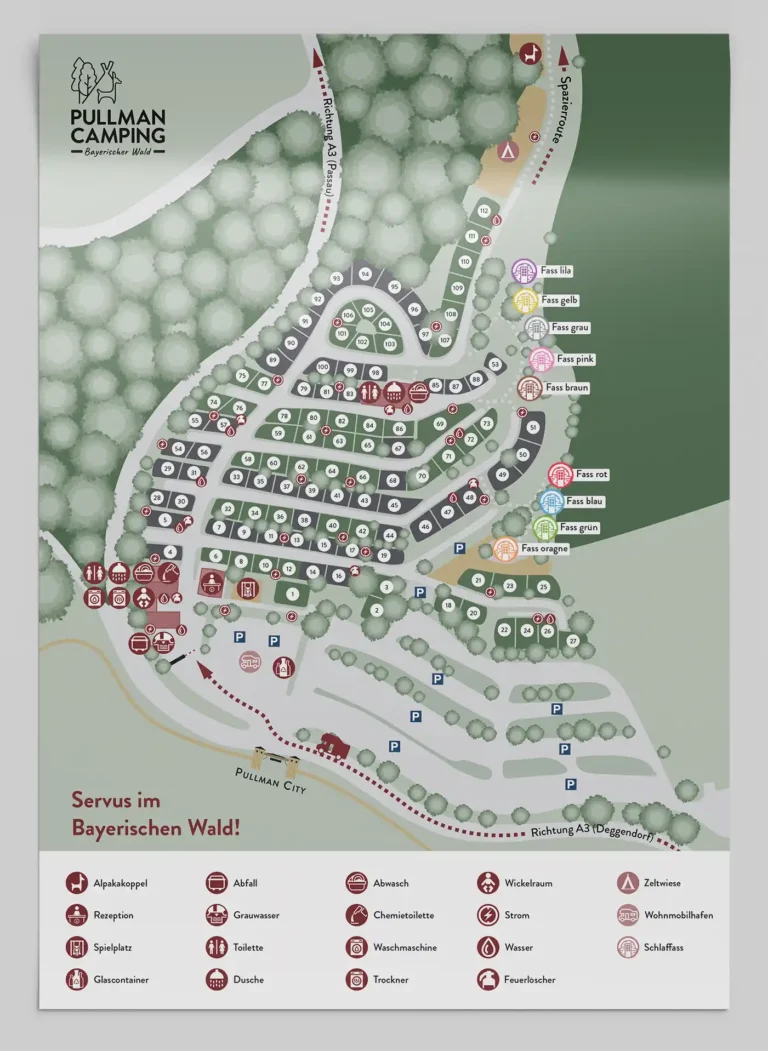 edruckter Lageplan-Flyer von Pullman Camping im Bayerischen Wald in realistischer Papier-Ansicht