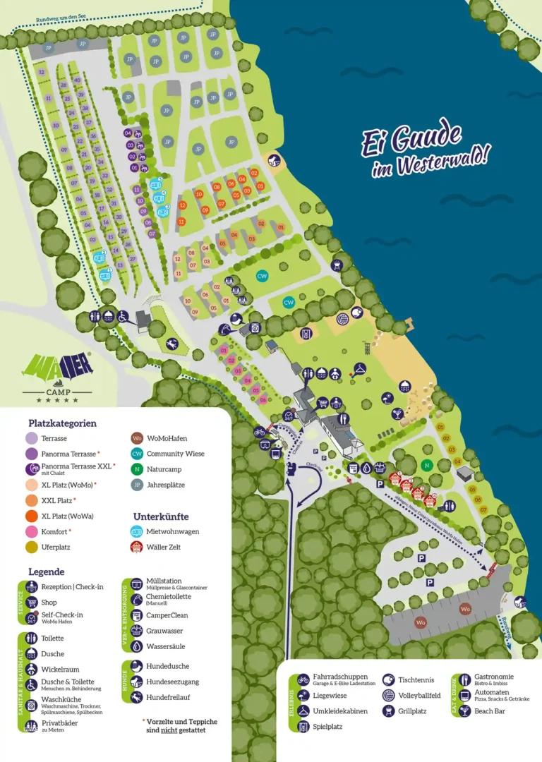 Gesamter Lageplan des Wäller Camp am See mit Legende, Platzkategorien und Serviceangeboten