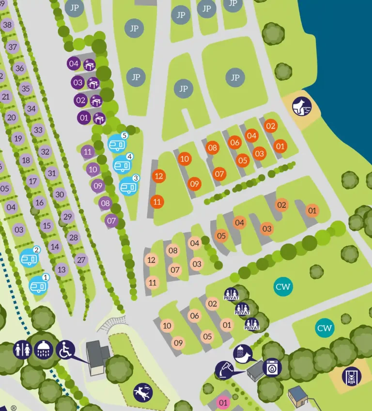 Detailansicht des Lageplans vom Wäller Camp mit nummerierten Stellplätzen und Sanitärbereichen