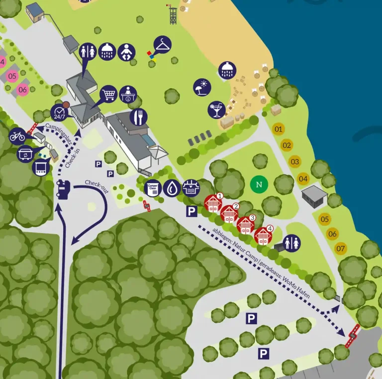 Detailansicht des Lageplans vom Wäller Camp mit Rezeption, Zufahrt, Strandbereich und Mietunterkünften