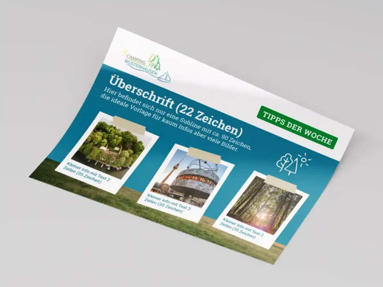 Ausgedruckte A4-Querformat-Vorlage für Tipps der Woche auf dem Campingplatz Camping Wusterhausen