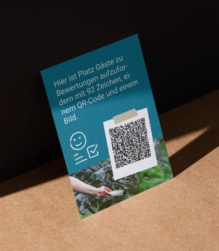 Blaue Druckvorlage für Bewertungsaufrufe mit QR-Code und Fot Motiv
