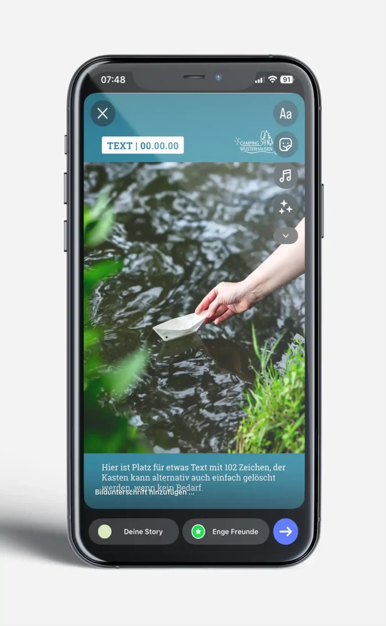 Smartphone mit einer Social-Media-Story-Vorlage für Aktionen und Fotos im Camping-Design