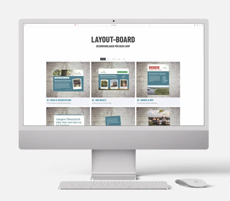 Desktop-Monitor mit Übersicht verschiedener Print- und Digital-Layouts für das Layout-Board