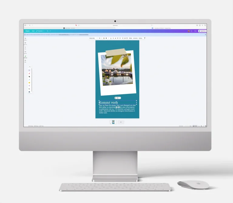 Desktop-Monitor zeigt die Bearbeitung einer Designvorlage im Online-Editor Canva