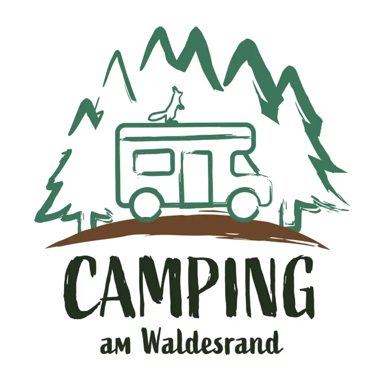 Farbiges Logo Camping am Waldesrand mit Wohnmobil, Eichhörnchen und Tannenbäumen