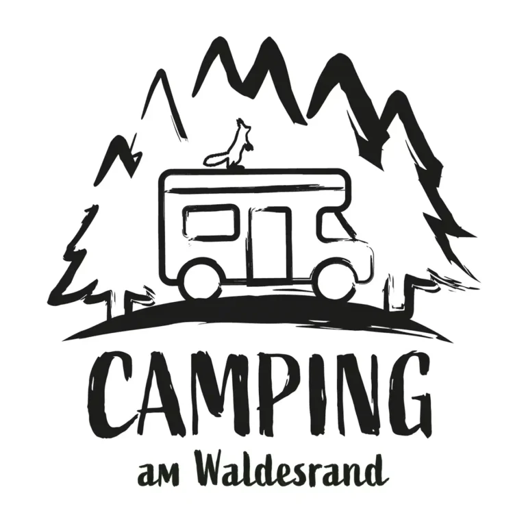 Schwarz-weißes Logo Camping am Waldesrand mit Wohnmobil und Bäumen auf weißem Hintergrund
