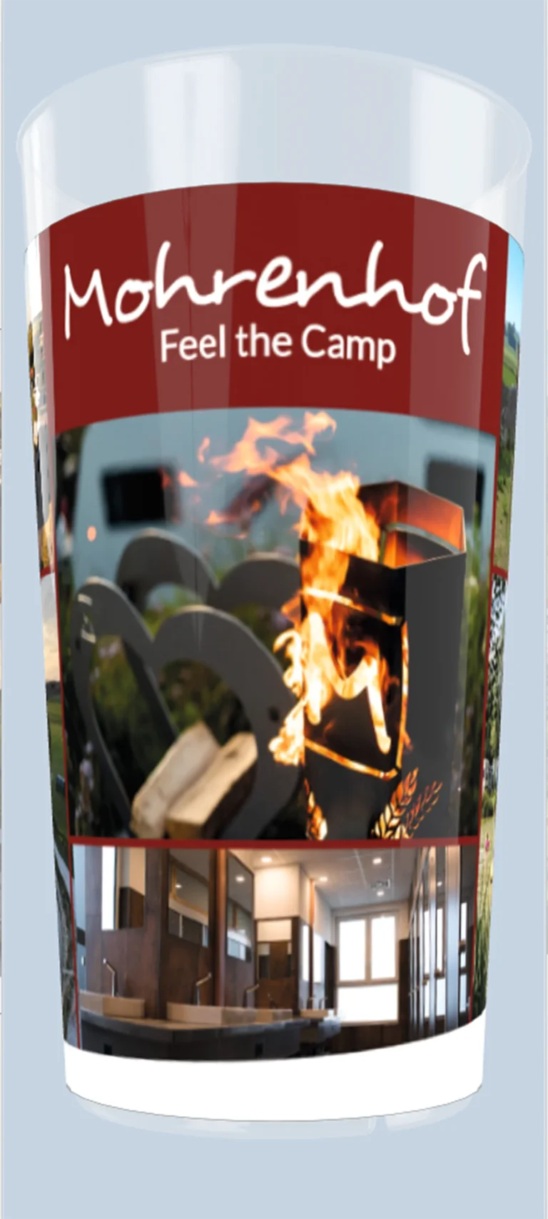 Vorschau eines Mohrenhof-Merchandising-Bechers mit verschiedenen Camping-Motiven im Druckdesign