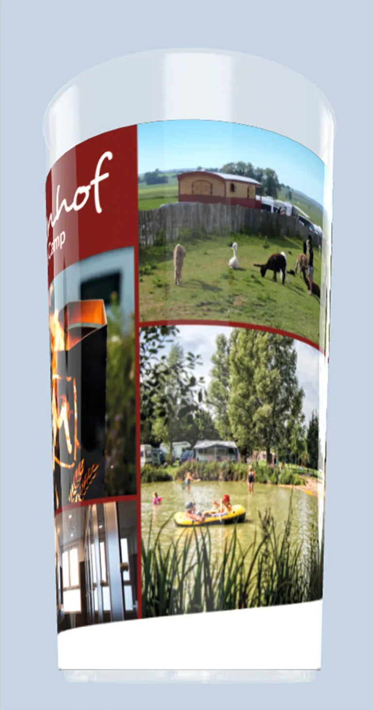 Vorschau eines Mohrenhof-Merchandising-Bechers mit verschiedenen Camping-Motiven im Druckdesign