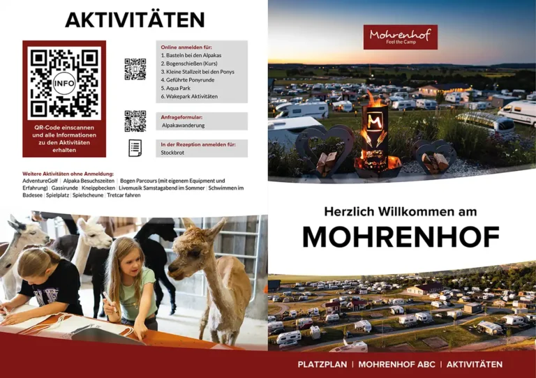 Mohrenhof Gästemappe mit Vorschau auf Aktivitäten, Alpakas und Campingplatz-Luftaufnahme