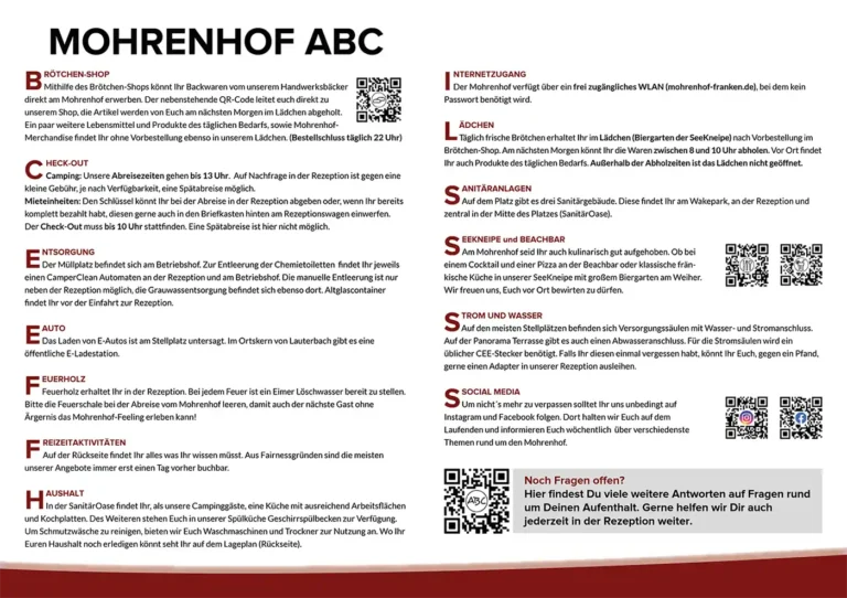 Mohrenhof Gästemappe mit wichtigen Infos zu Brötchen-Shop, Check-Out, Entsorgung, WLAN und Sanitäranlagen