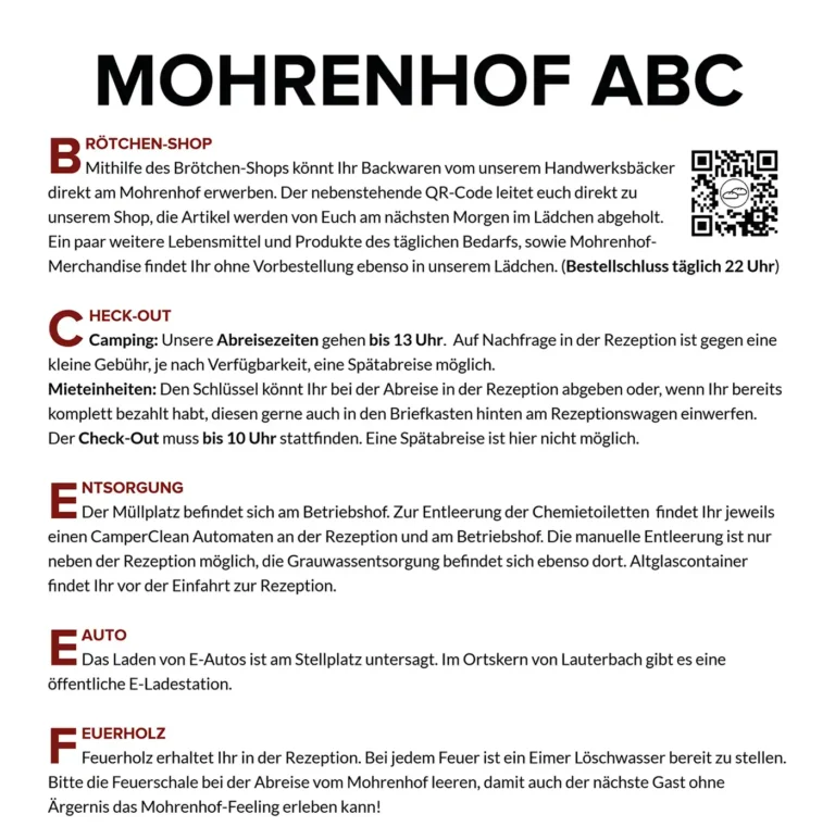 Ausschnitt des Mohrenhof ABC mit Hinweisen zu Brötchen-Bestellung per QR-Code, Check-Out-Zeiten und E-Auto-Ladestationen
